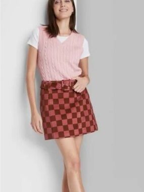 wild fable Rose and Burgundy Checker Mini Skirt with Belt